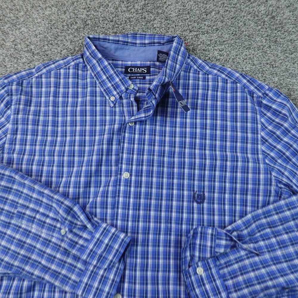 NEW Chaps Shirt Mens 2XL Blue Plaid Button Up Long Sleeve Crest Preppy Casual